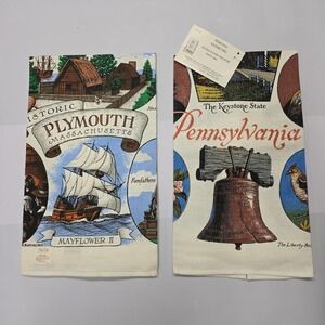 Vintage Kay Dee Stevens Linen Souvenir Towels Plymouth MA Pennsylvania Set of 2